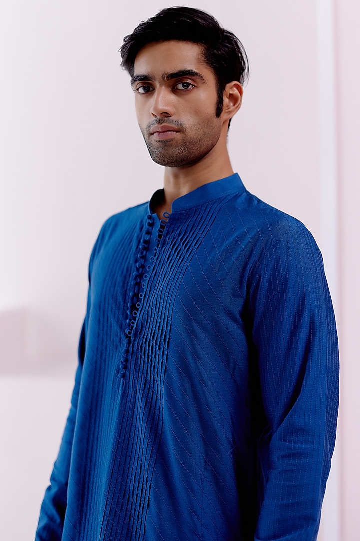 Royal Blue Silk Chanderi Pintuck Kurta Set by Devnaagri Men at Pernia's Pop Up Shop
