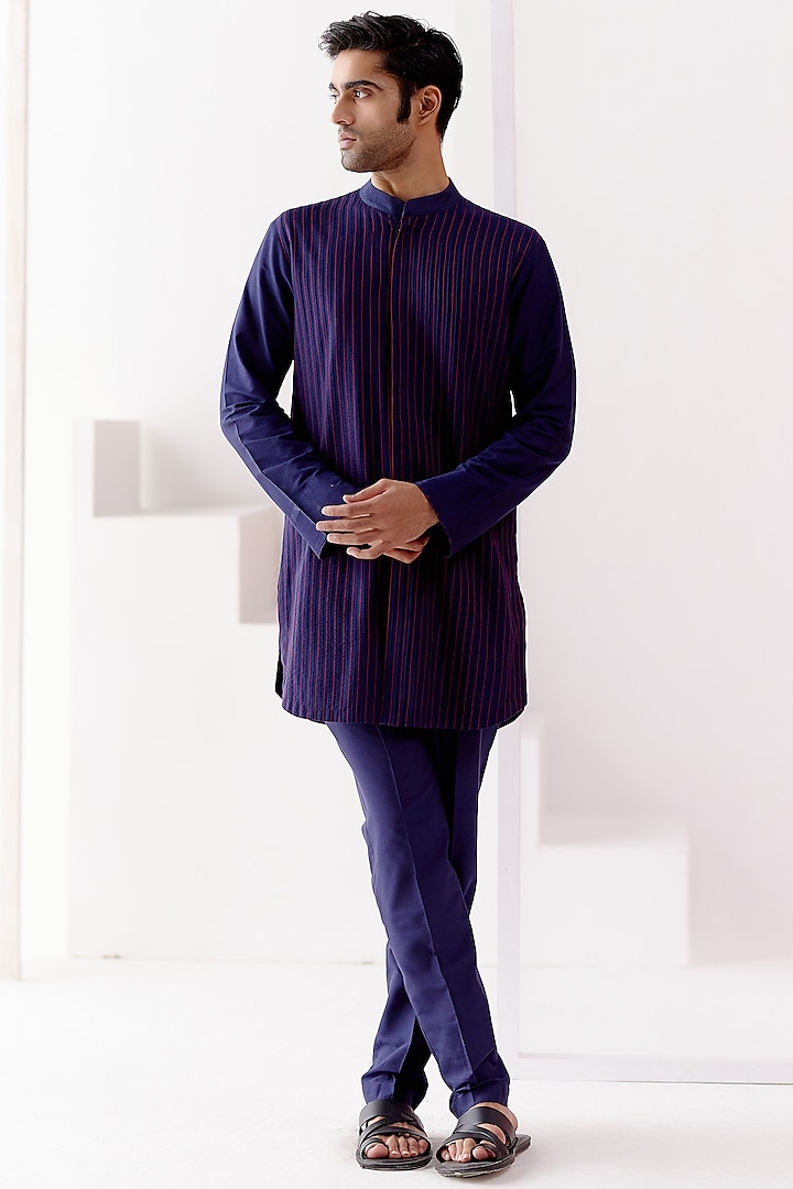 Navy Blue Cotton Silk Blend Pintuck Kurta Set by Devnaagri Men