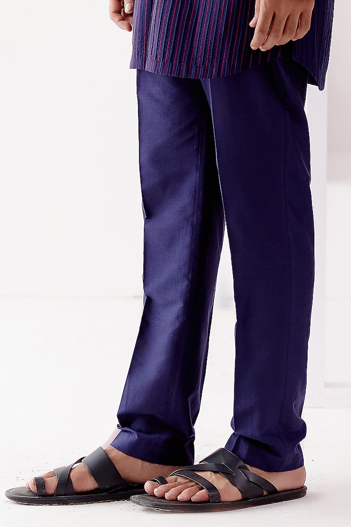 Navy Blue Cotton Silk Blend Pintuck Kurta Set by Devnaagri Men at Pernia's Pop Up Shop