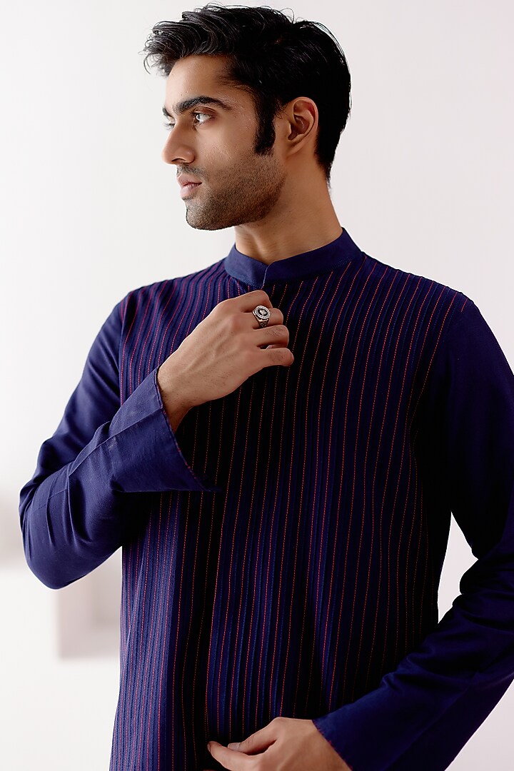 Navy Blue Cotton Silk Blend Pintuck Kurta Set by Devnaagri Men at Pernia's Pop Up Shop
