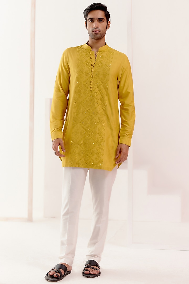 Mustard Cotton Silk Blend Dori Embroidered Kurta Set by Devnaagri Men