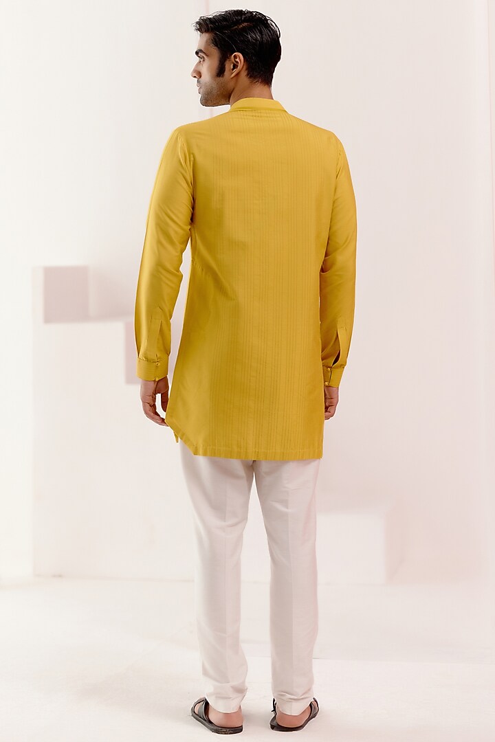 Mustard Cotton Silk Blend Dori Embroidered Kurta Set by Devnaagri Men at Pernia's Pop Up Shop