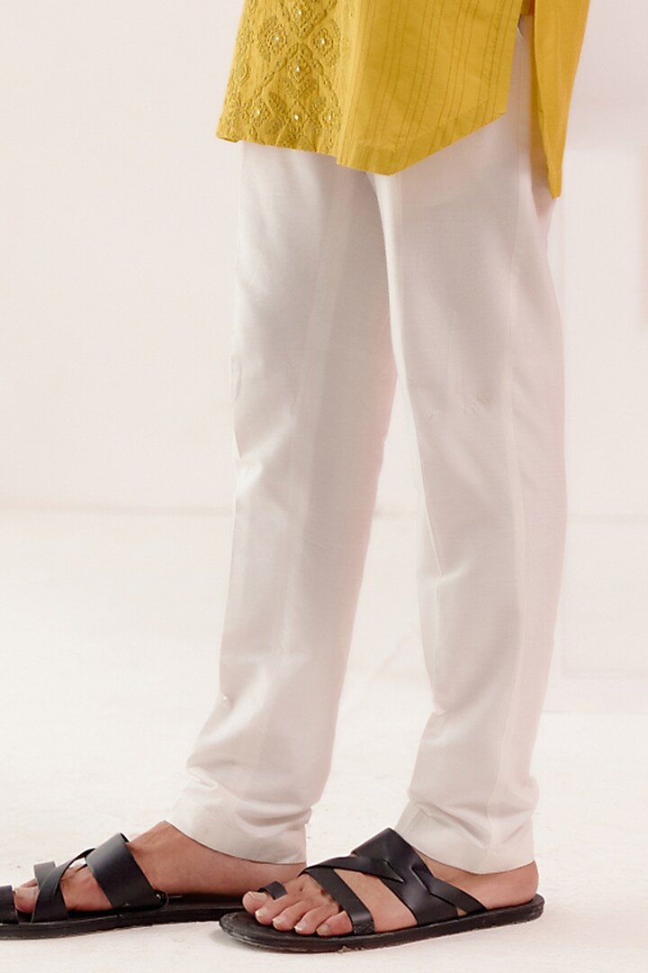 Mustard Cotton Silk Blend Dori Embroidered Kurta Set by Devnaagri Men at Pernia's Pop Up Shop