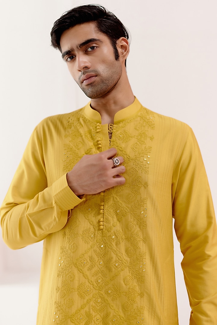 Mustard Cotton Silk Blend Dori Embroidered Kurta Set by Devnaagri Men at Pernia's Pop Up Shop