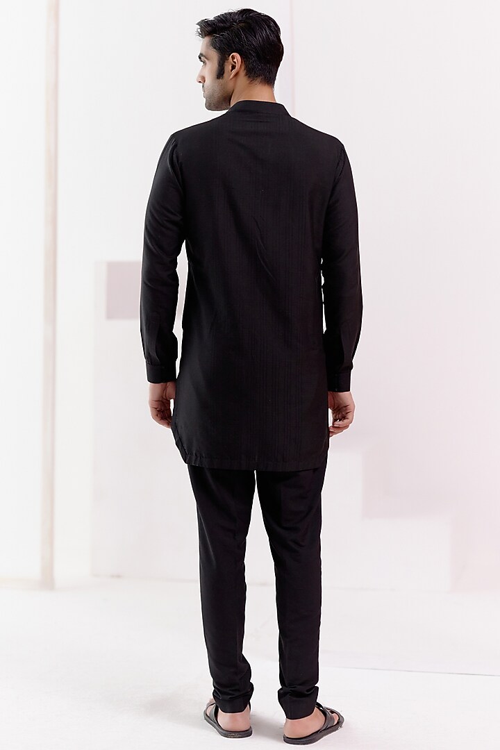 Black Cotton Silk Blend Dori Embroidered Kurta Set by Devnaagri Men at Pernia's Pop Up Shop