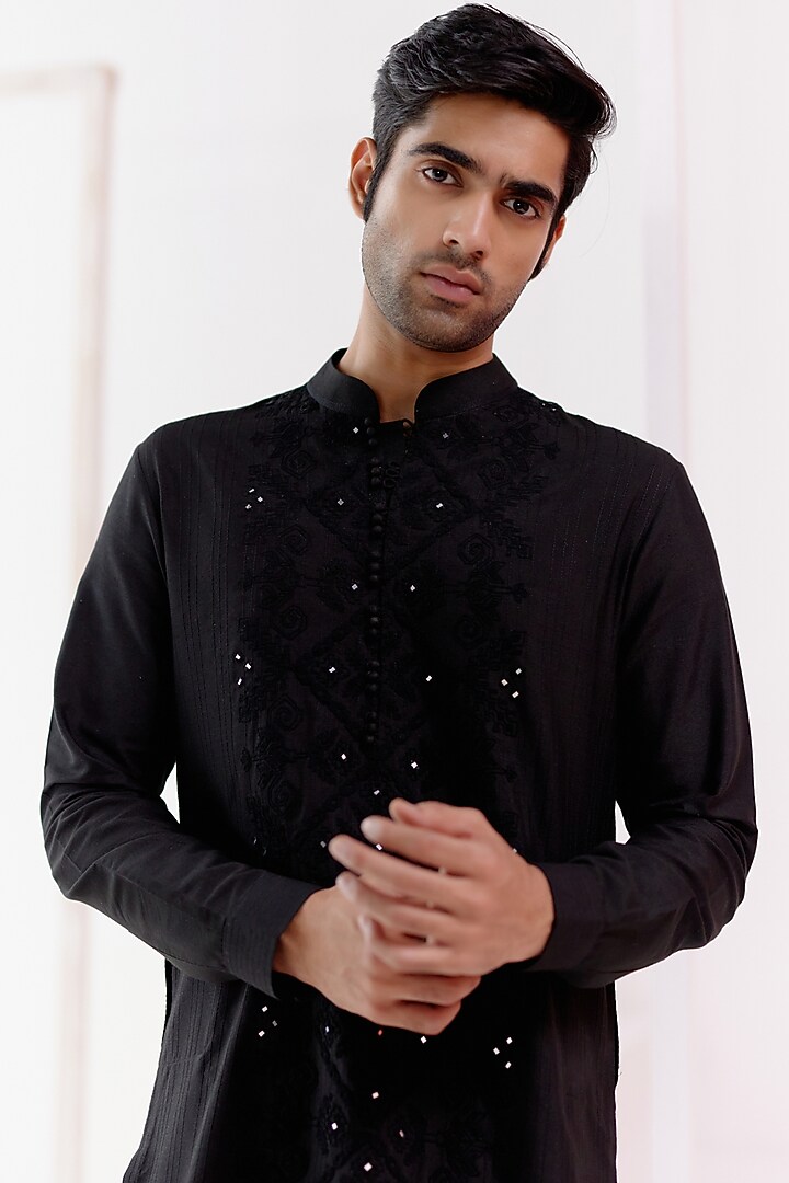 Black Cotton Silk Blend Dori Embroidered Kurta Set by Devnaagri Men at Pernia's Pop Up Shop
