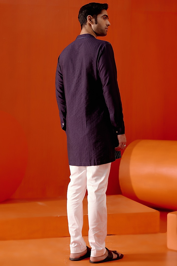 Navy Blue Cotton Silk Blend Pintuck Kurta Set by Devnaagri Men at Pernia's Pop Up Shop
