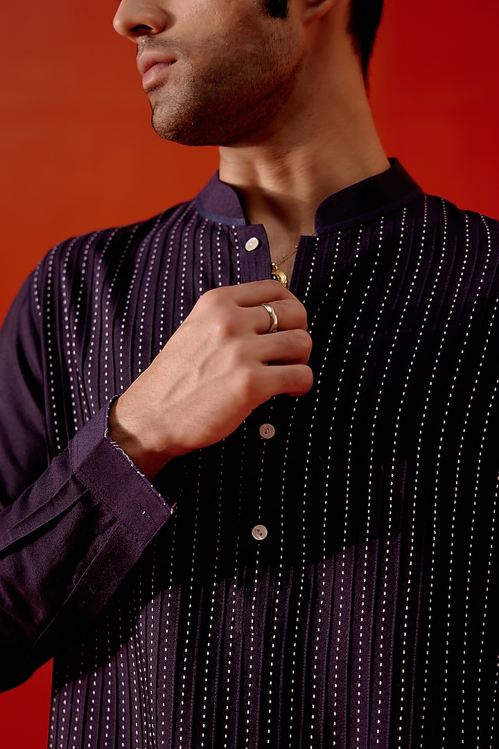 Navy Blue Cotton Silk Blend Pintuck Kurta Set by Devnaagri Men at Pernia's Pop Up Shop