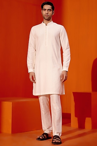 Ivory Cotton Silk Blend Pintuck Kurta Set by Devnaagri Men