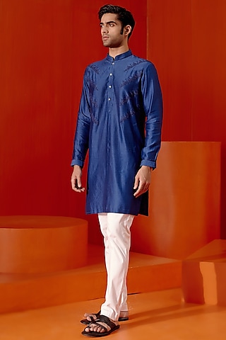 Royal Blue Cotton Silk Blend Dori Embroidered Kurta Set by Devnaagri Men