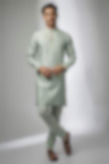 Mint Green Raw Silk Kurta Set by Devnaagri Men