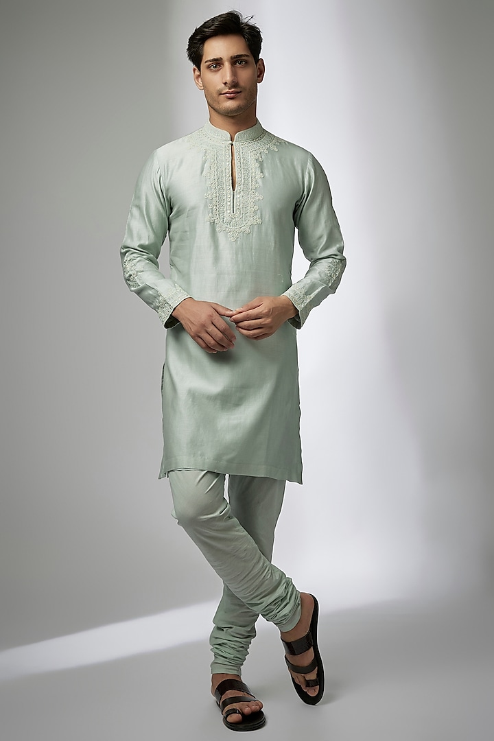 Mint Green Raw Silk Kurta Set by Devnaagri Men