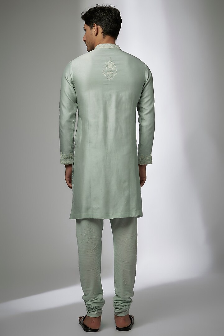 Mint Green Raw Silk Kurta Set by Devnaagri Men at Pernia's Pop Up Shop