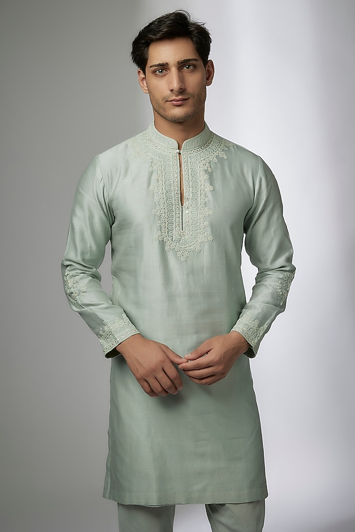 Mint Green Raw Silk Kurta Set by Devnaagri Men at Pernia's Pop Up Shop