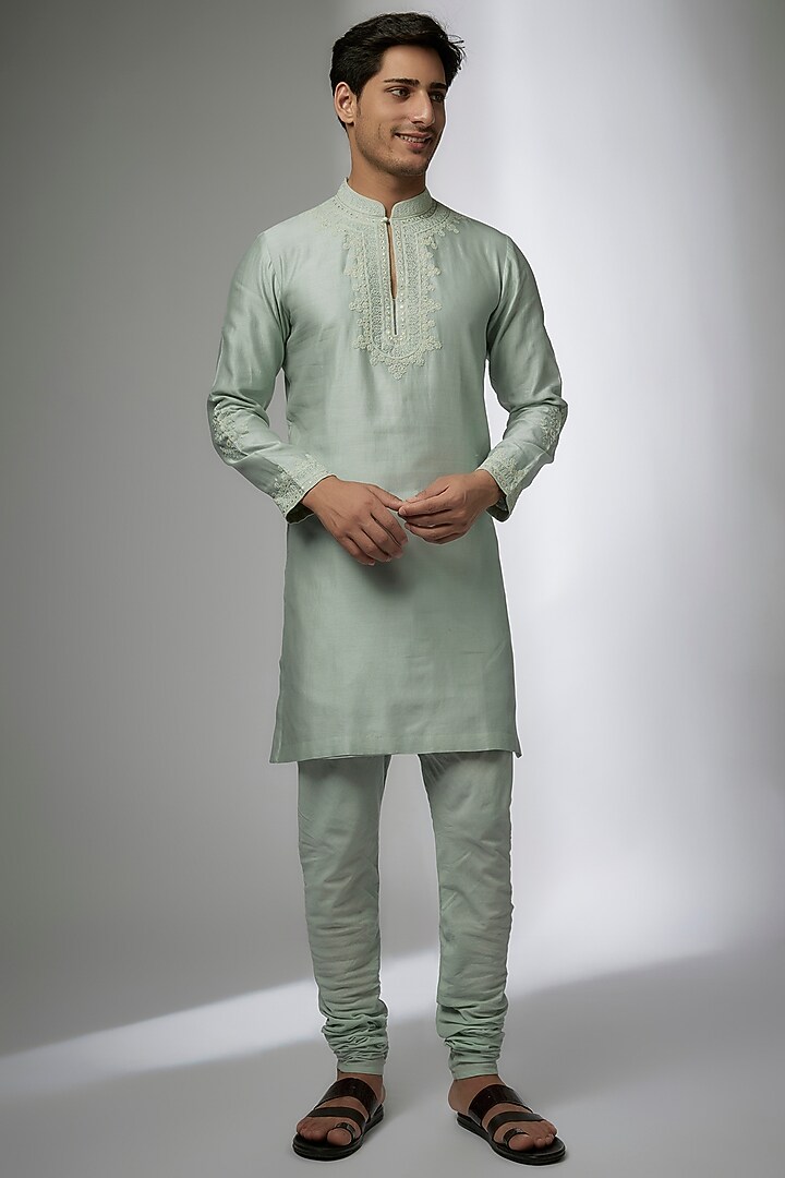Mint Green Raw Silk Kurta Set by Devnaagri Men at Pernia's Pop Up Shop