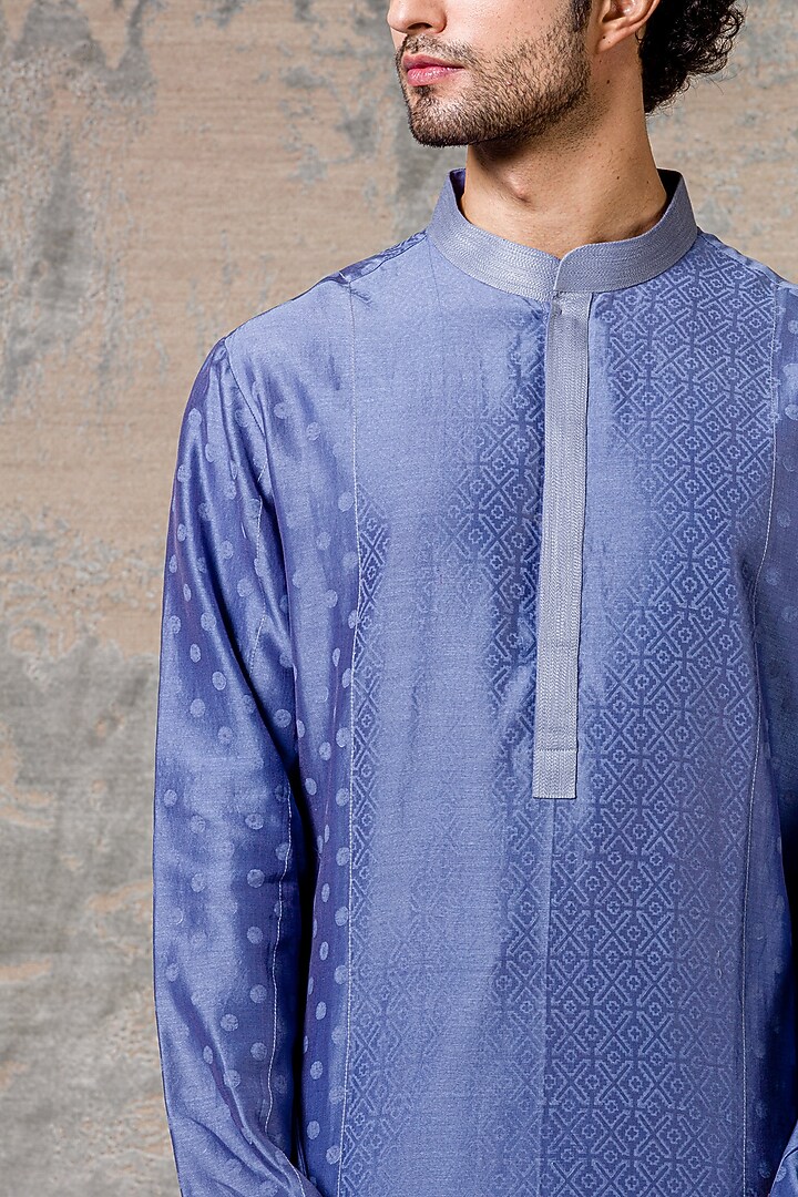 Blue block printed kurta set with jacket