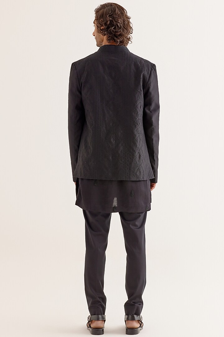 Black Silk Satin Dori Embroidered Wedding Indowestern Set by Devnaagri Men at Pernia's Pop Up Shop