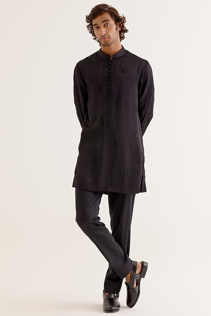 Black Silk Satin Dori Embroidered Wedding Indowestern Set by Devnaagri Men at Pernia's Pop Up Shop