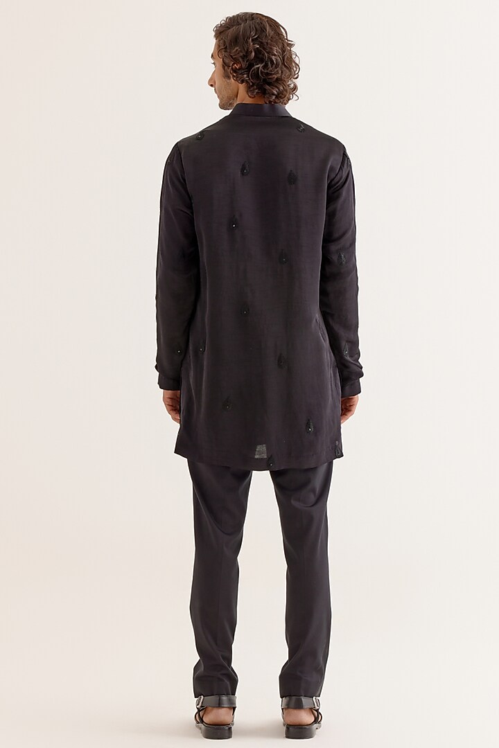 Black Silk Satin Dori Embroidered Wedding Indowestern Set by Devnaagri Men at Pernia's Pop Up Shop