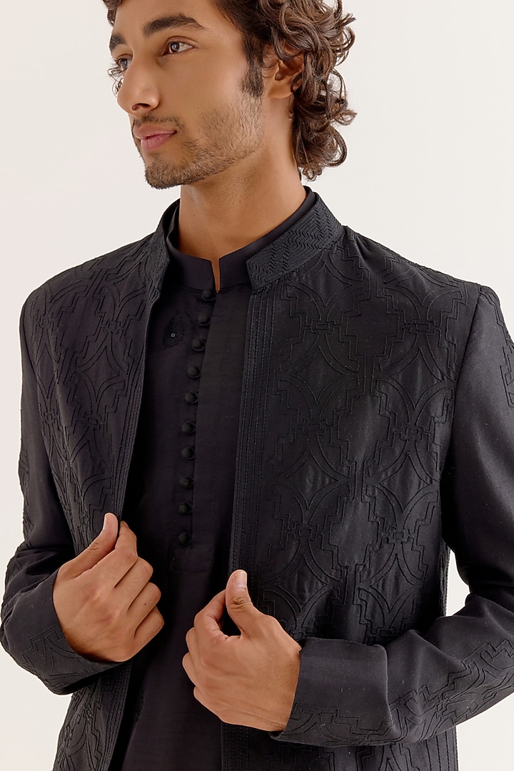 Black Silk Satin Dori Embroidered Wedding Indowestern Set by Devnaagri Men at Pernia's Pop Up Shop