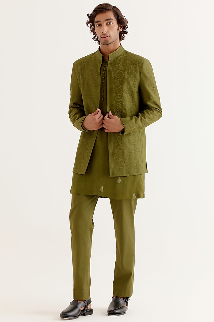 Olive Green Silk Satin Dori Embroidered Indowestern Set by Devnaagri Men at Pernia's Pop Up Shop