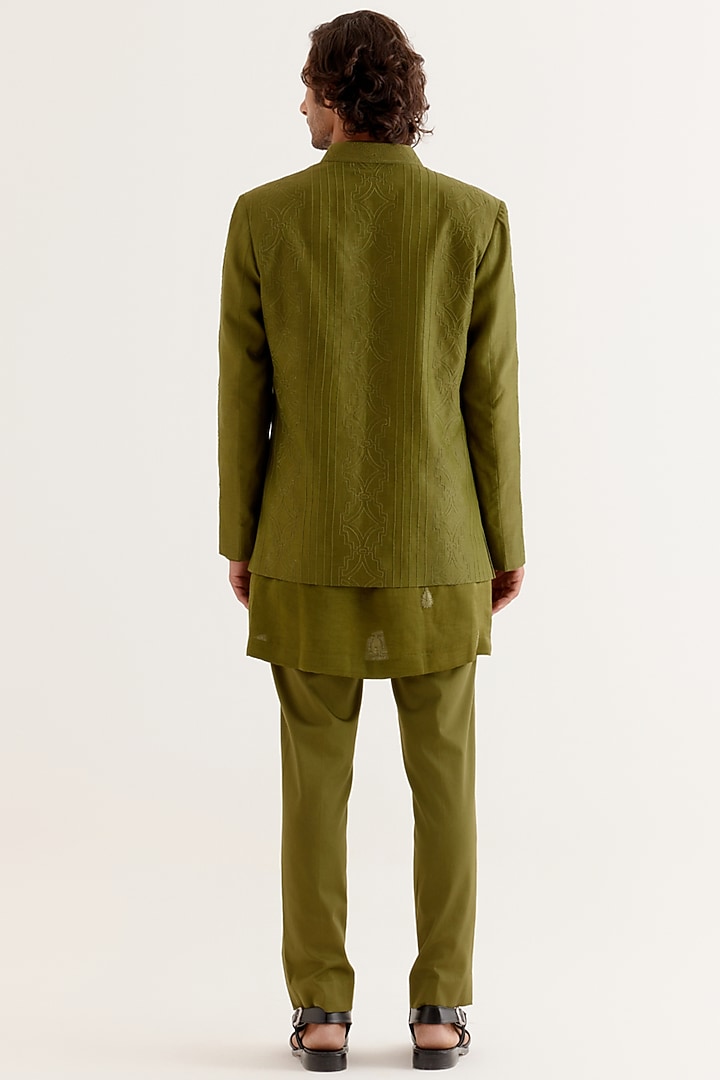 Olive Green Silk Satin Dori Embroidered Wedding Indowestern Set by Devnaagri Men at Pernia's Pop Up Shop