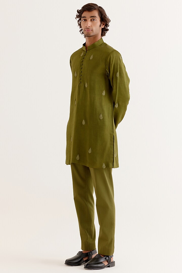 Olive Green Silk Satin Dori Embroidered Wedding Indowestern Set by Devnaagri Men at Pernia's Pop Up Shop