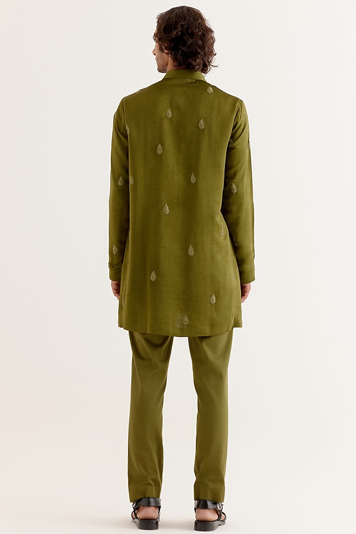 Olive Green Silk Satin Dori Embroidered Wedding Indowestern Set by Devnaagri Men at Pernia's Pop Up Shop