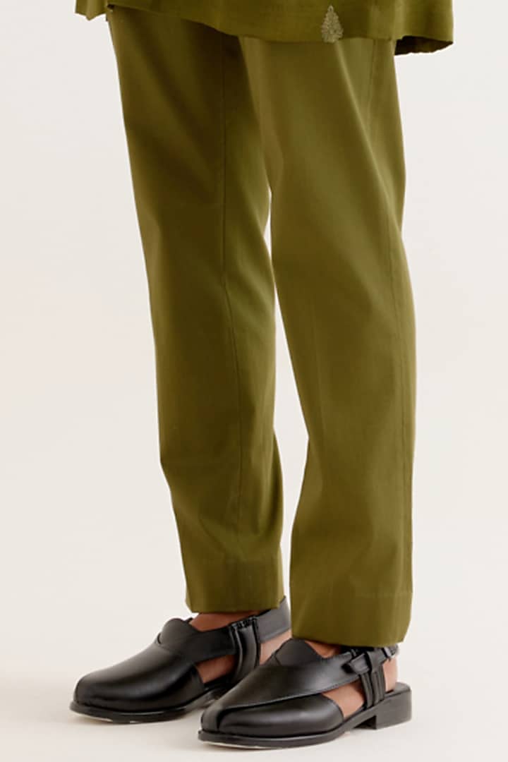 Olive Green Silk Satin Dori Embroidered Wedding Indowestern Set by Devnaagri Men at Pernia's Pop Up Shop