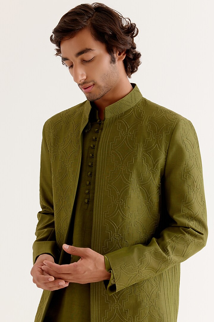 Olive Green Silk Satin Dori Embroidered Wedding Indowestern Set by Devnaagri Men at Pernia's Pop Up Shop
