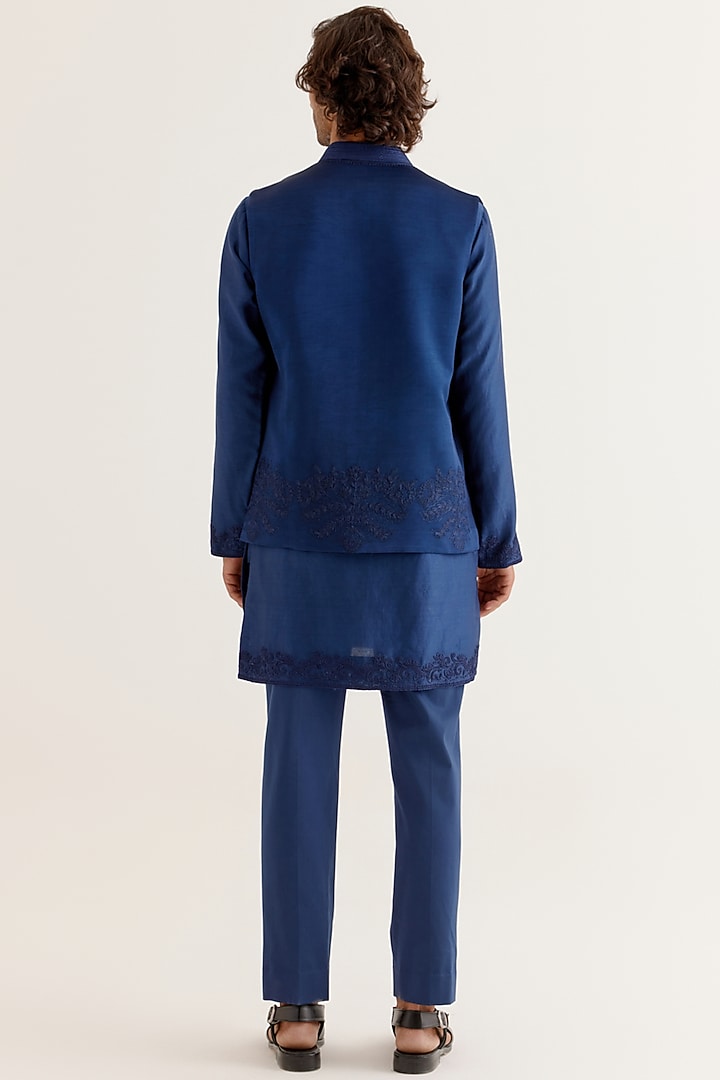 Royal Blue Silk Satin Dori Embroidered Bundi Jacket Set by Devnaagri Men at Pernia's Pop Up Shop