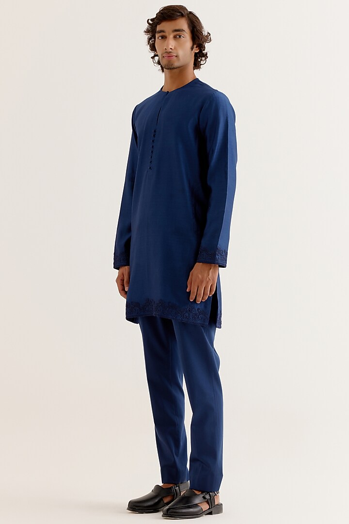 Royal Blue Silk Satin Dori Embroidered Bundi Jacket Set by Devnaagri Men at Pernia's Pop Up Shop