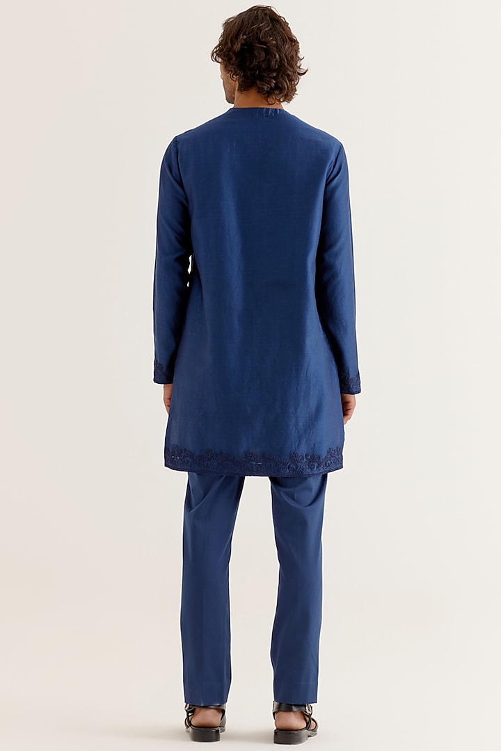 Royal Blue Silk Satin Dori Embroidered Bundi Jacket Set by Devnaagri Men at Pernia's Pop Up Shop