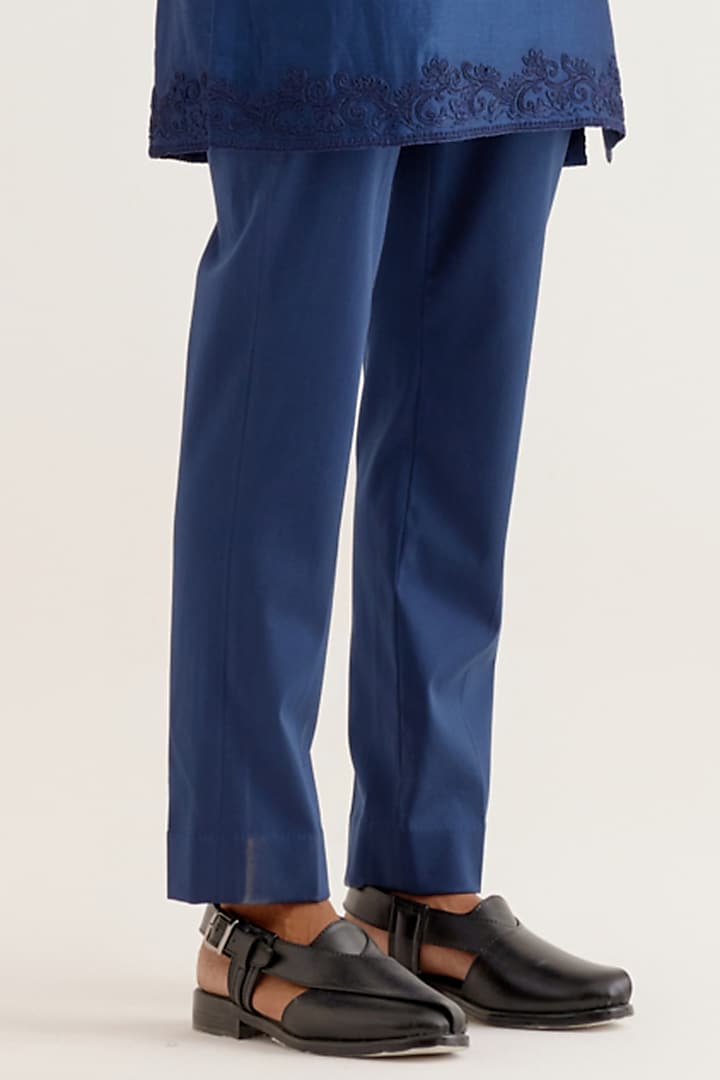 Royal Blue Silk Satin Dori Embroidered Bundi Jacket Set by Devnaagri Men at Pernia's Pop Up Shop