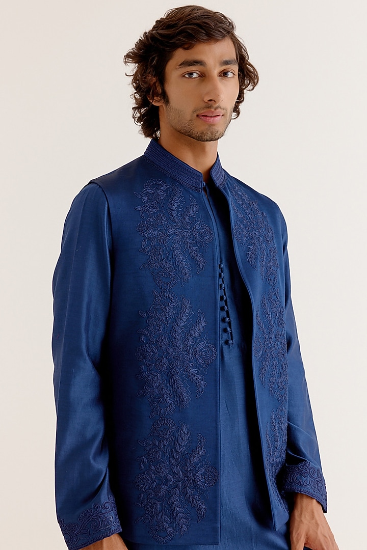 Royal Blue Silk Satin Dori Embroidered Bundi Jacket Set by Devnaagri Men at Pernia's Pop Up Shop