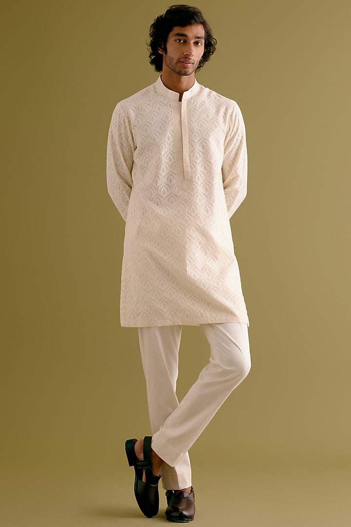 Ivory Silk Satin Dori Embroidered Bundi Jacket Set by Devnaagri Men at Pernia's Pop Up Shop