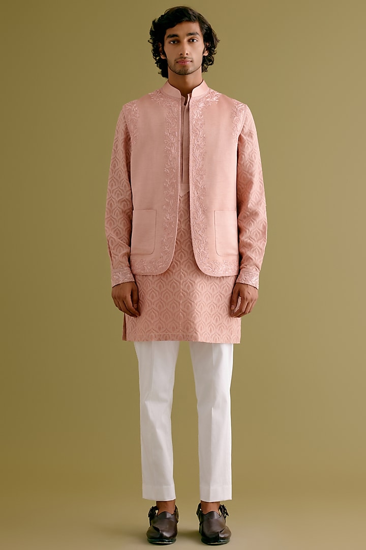 Blush Pink Silk Satin Dori Embroidered Bundi Jacket Set by Devnaagri Men at Pernia's Pop Up Shop