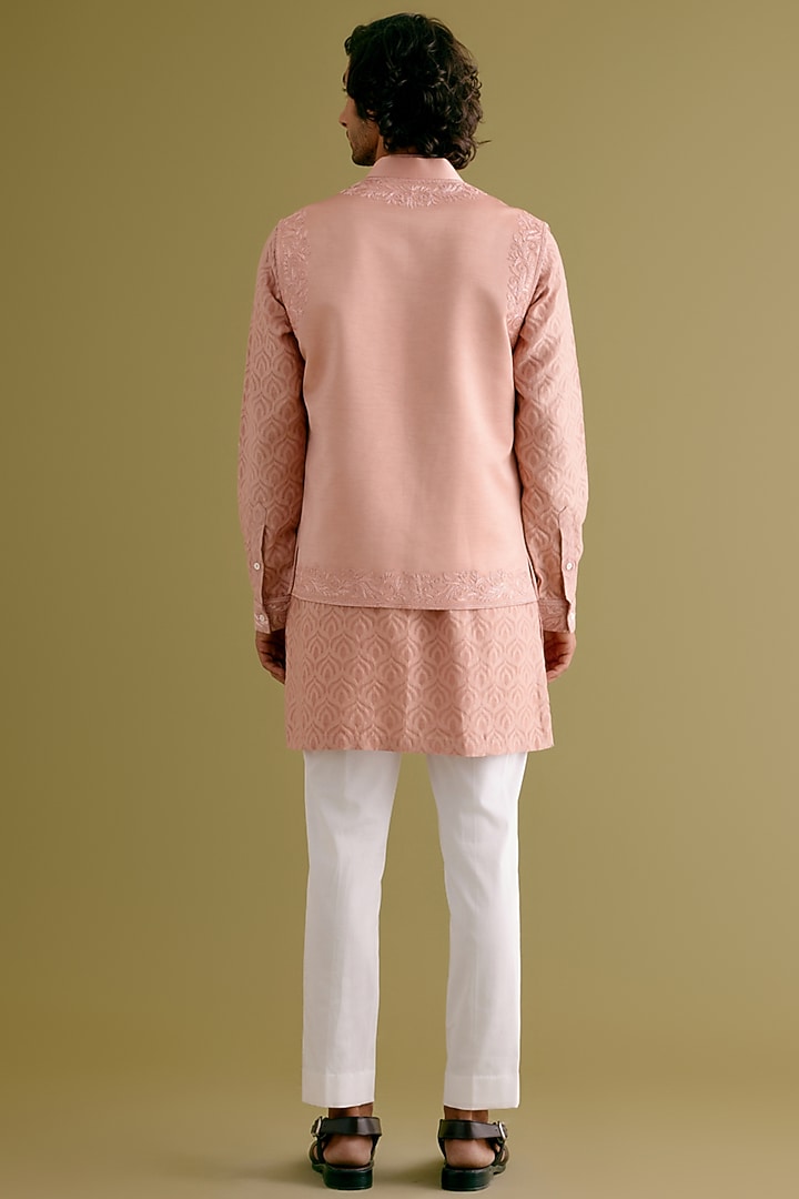 Blush Pink Silk Satin Dori Embroidered Bundi Jacket Set by Devnaagri Men at Pernia's Pop Up Shop