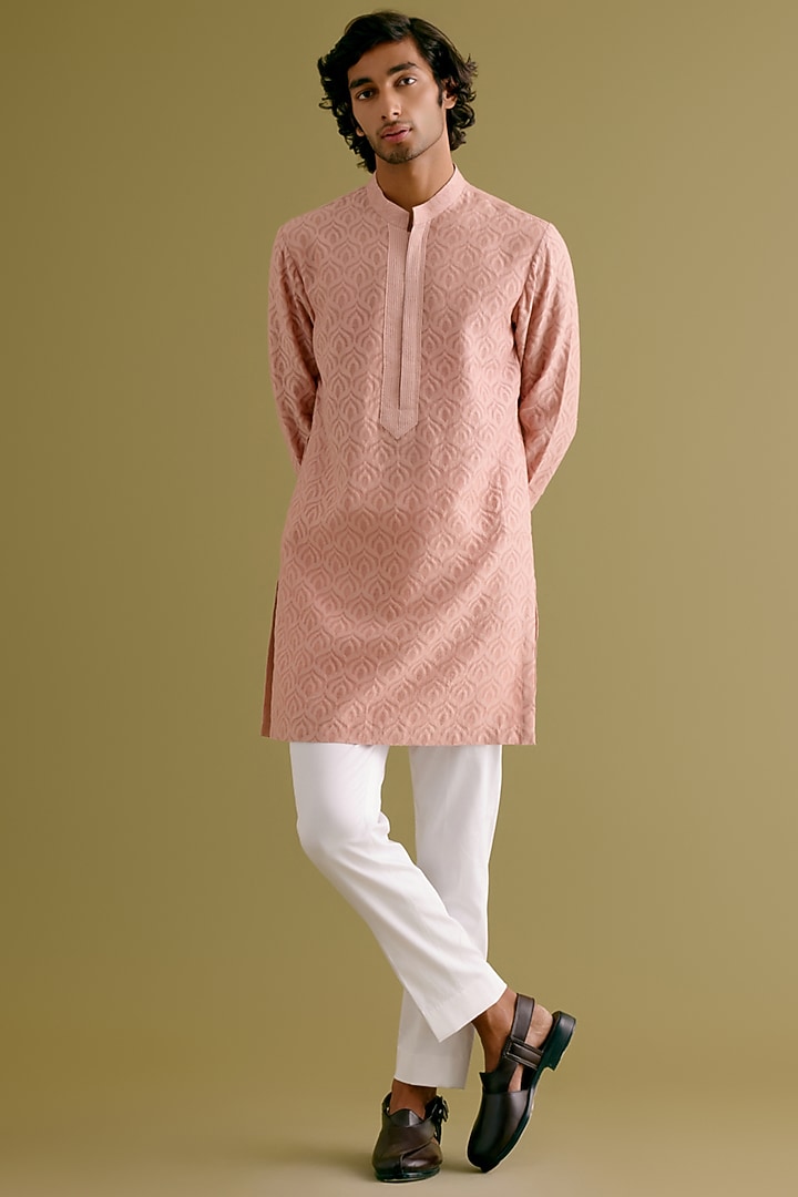 Blush Pink Silk Satin Dori Embroidered Bundi Jacket Set by Devnaagri Men at Pernia's Pop Up Shop