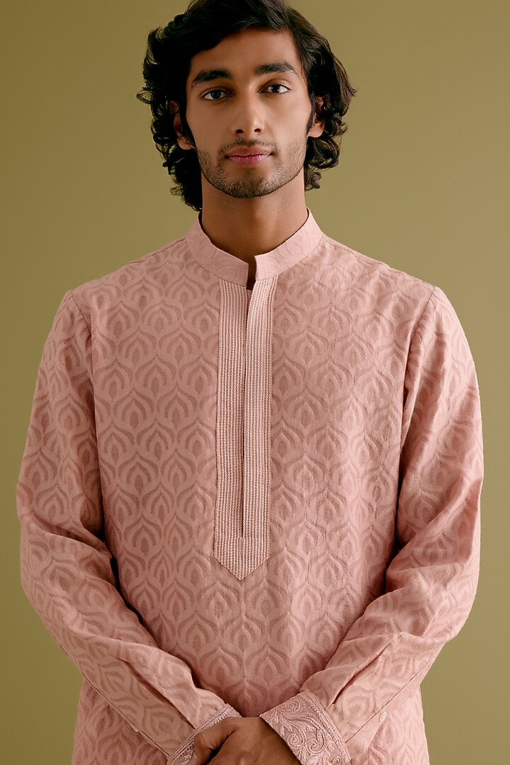 Blush Pink Silk Satin Dori Embroidered Bundi Jacket Set by Devnaagri Men at Pernia's Pop Up Shop