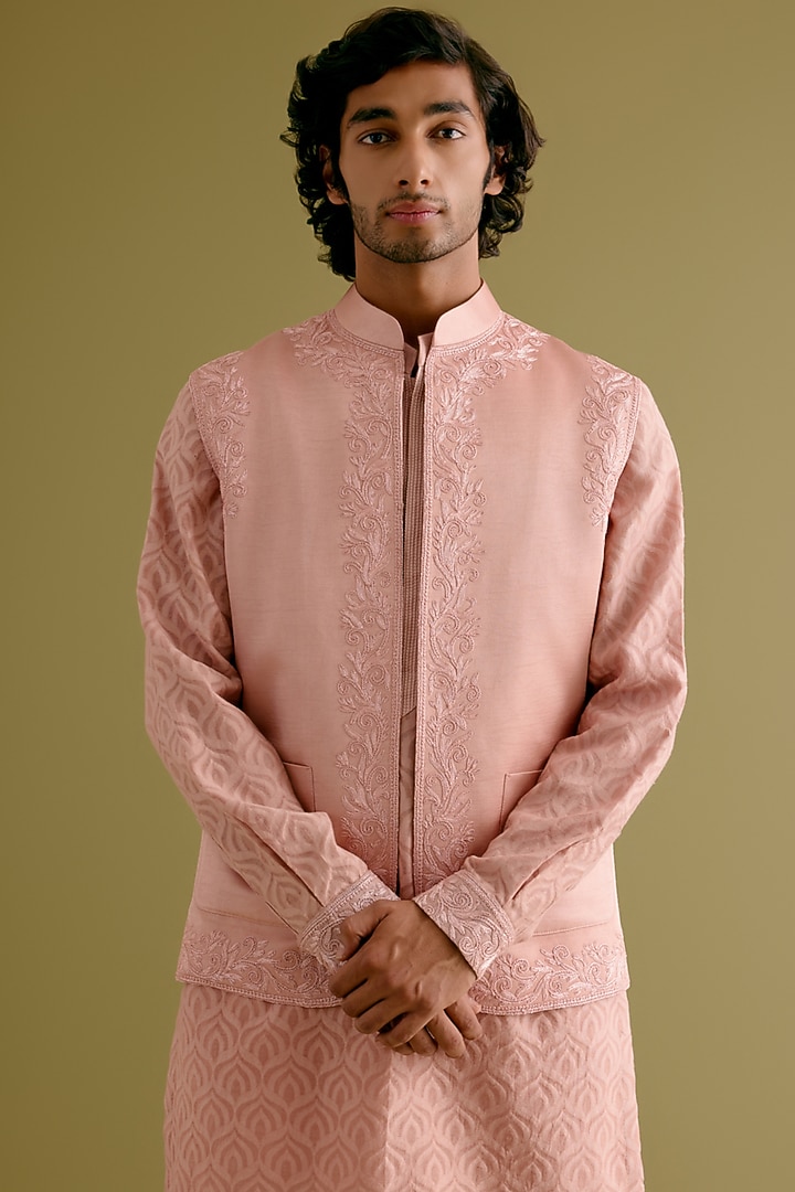 Blush Pink Silk Satin Dori Embroidered Bundi Jacket Set by Devnaagri Men at Pernia's Pop Up Shop
