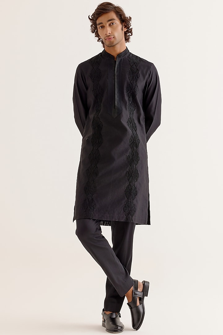 Black Silk Chanderi Dori Embroidered Kurta Set by Devnaagri Men