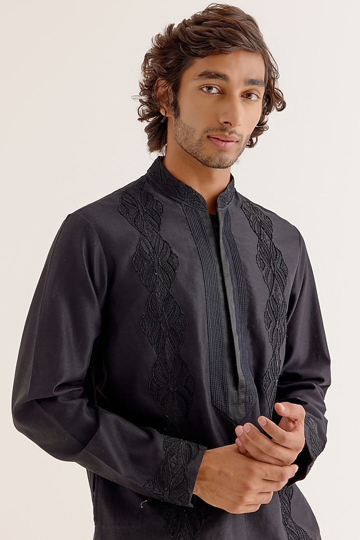 Black Silk Chanderi Dori Embroidered Kurta Set by Devnaagri Men at Pernia's Pop Up Shop