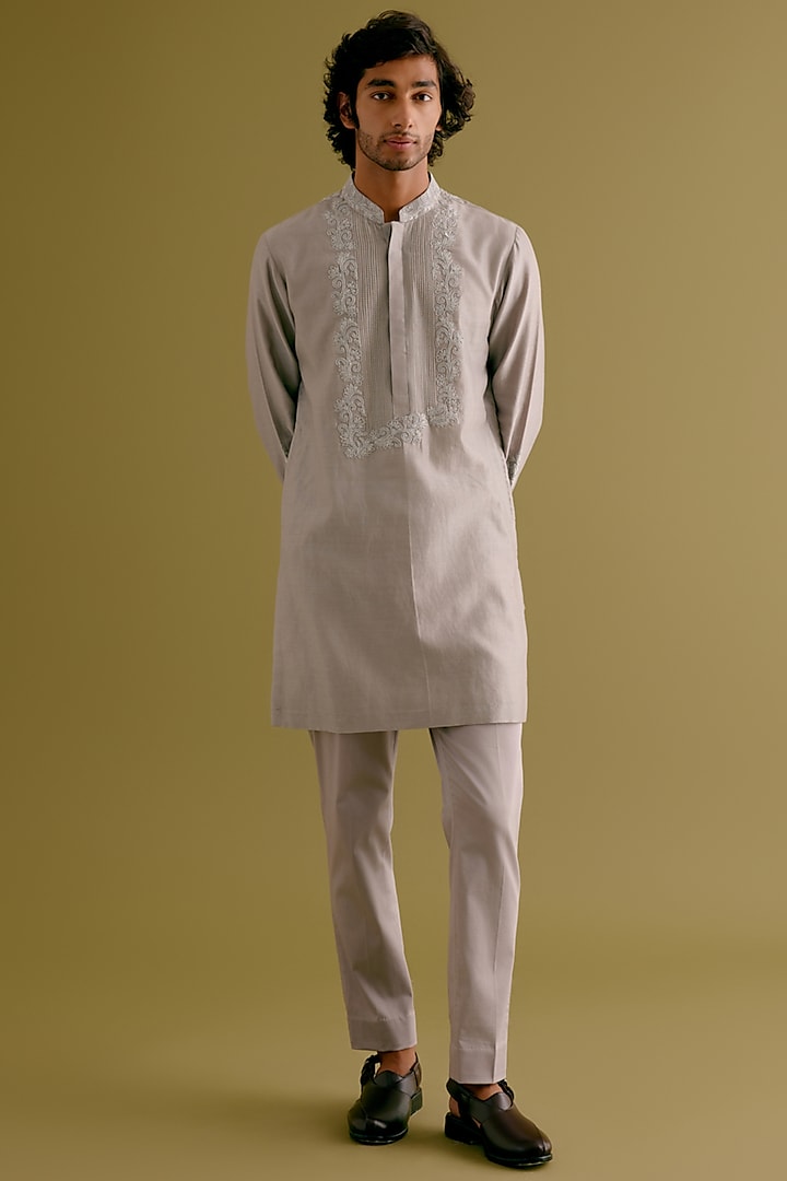 Grey Silk Chanderi Dori Embroidered Kurta Set by Devnaagri Men