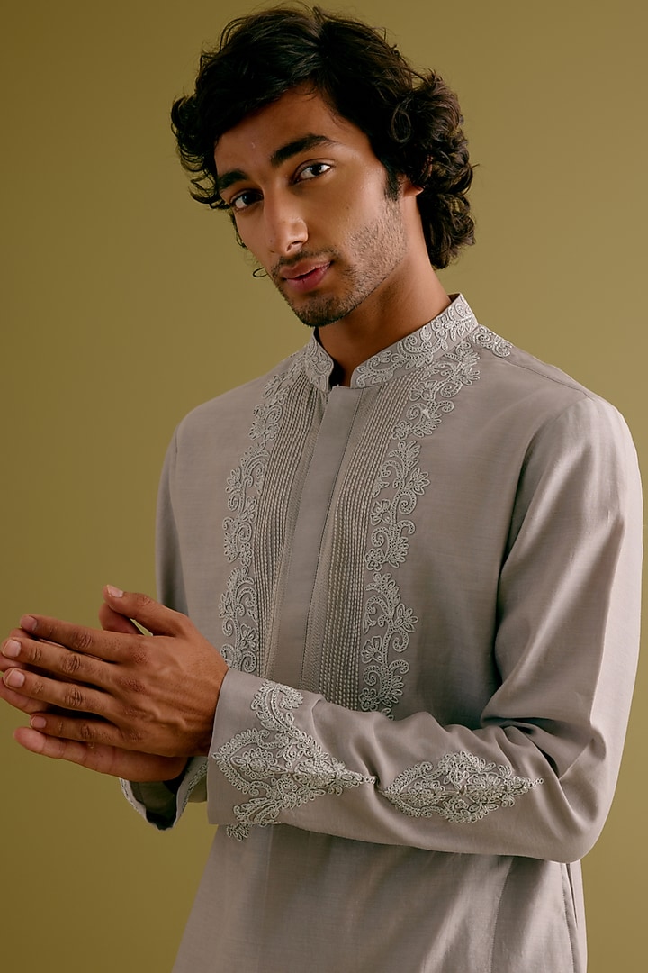 Grey Silk Chanderi Dori Embroidered Kurta Set by Devnaagri Men at Pernia's Pop Up Shop
