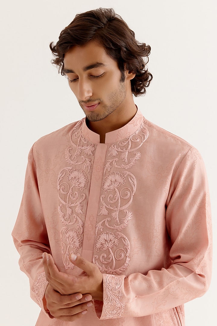 Blush Pink Silk Chanderi Dori Embroidered Kurta Set by Devnaagri Men at Pernia's Pop Up Shop