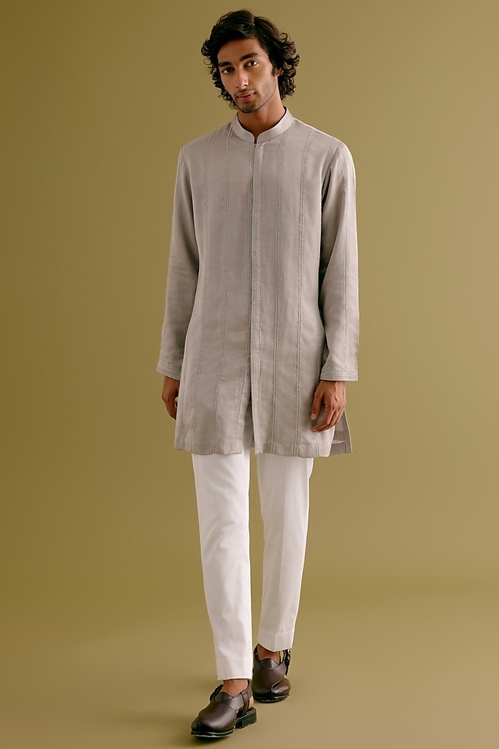 Grey Silk Satin Dori Embroidered Kurta Set by Devnaagri Men at Pernia's Pop Up Shop