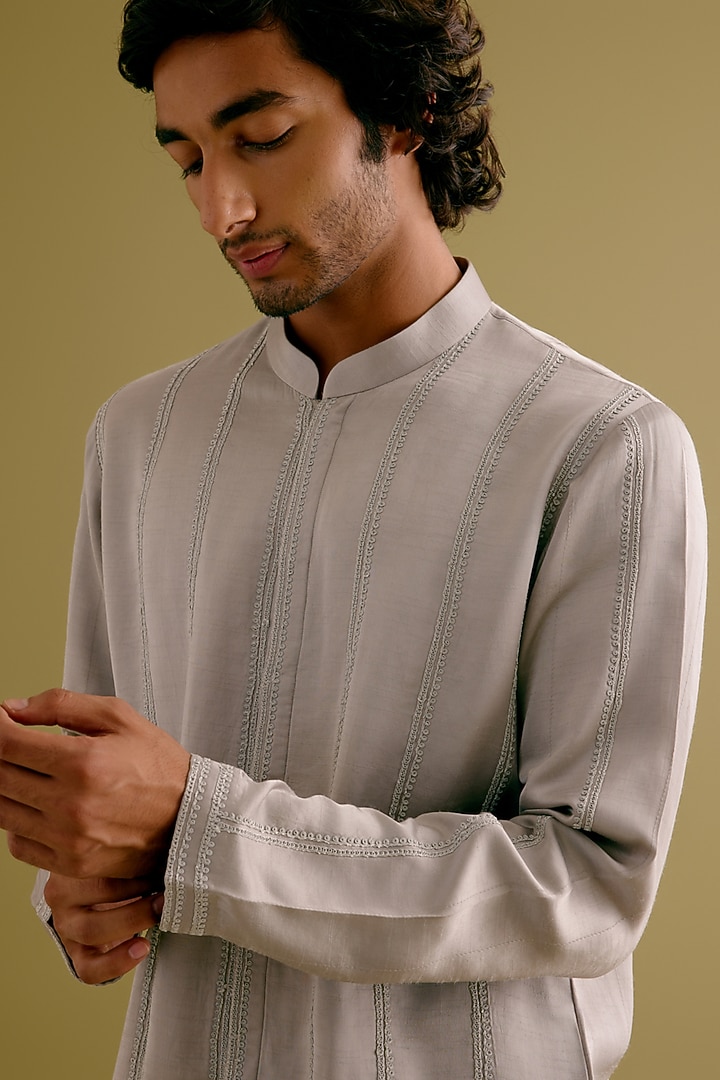 Grey Silk Satin Dori Embroidered Kurta Set by Devnaagri Men at Pernia's Pop Up Shop