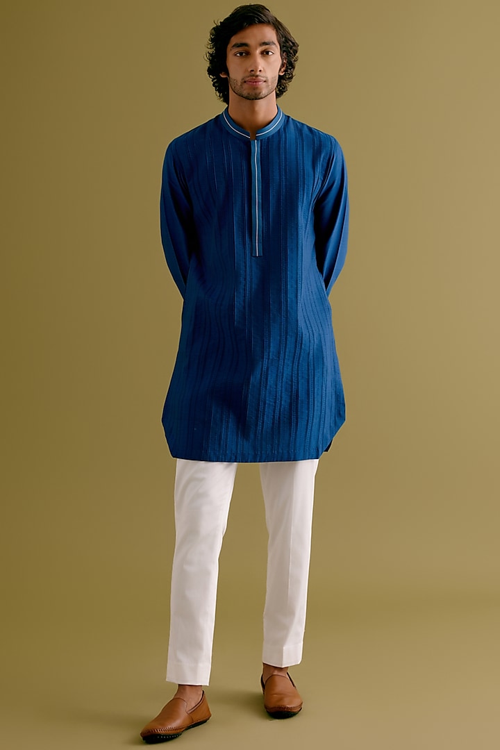 Royal Blue Cotton Silk Blend Dori Embroidered Kurta Set by Devnaagri Men at Pernia's Pop Up Shop