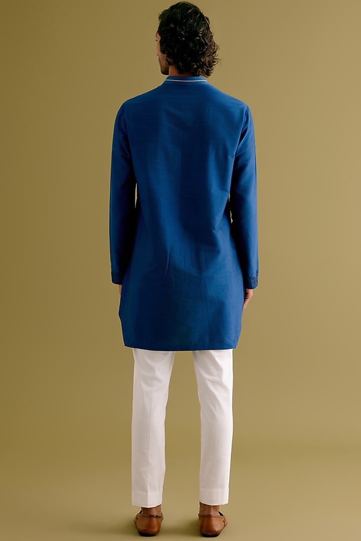 Royal Blue Cotton Silk Blend Dori Embroidered Kurta Set by Devnaagri Men at Pernia's Pop Up Shop